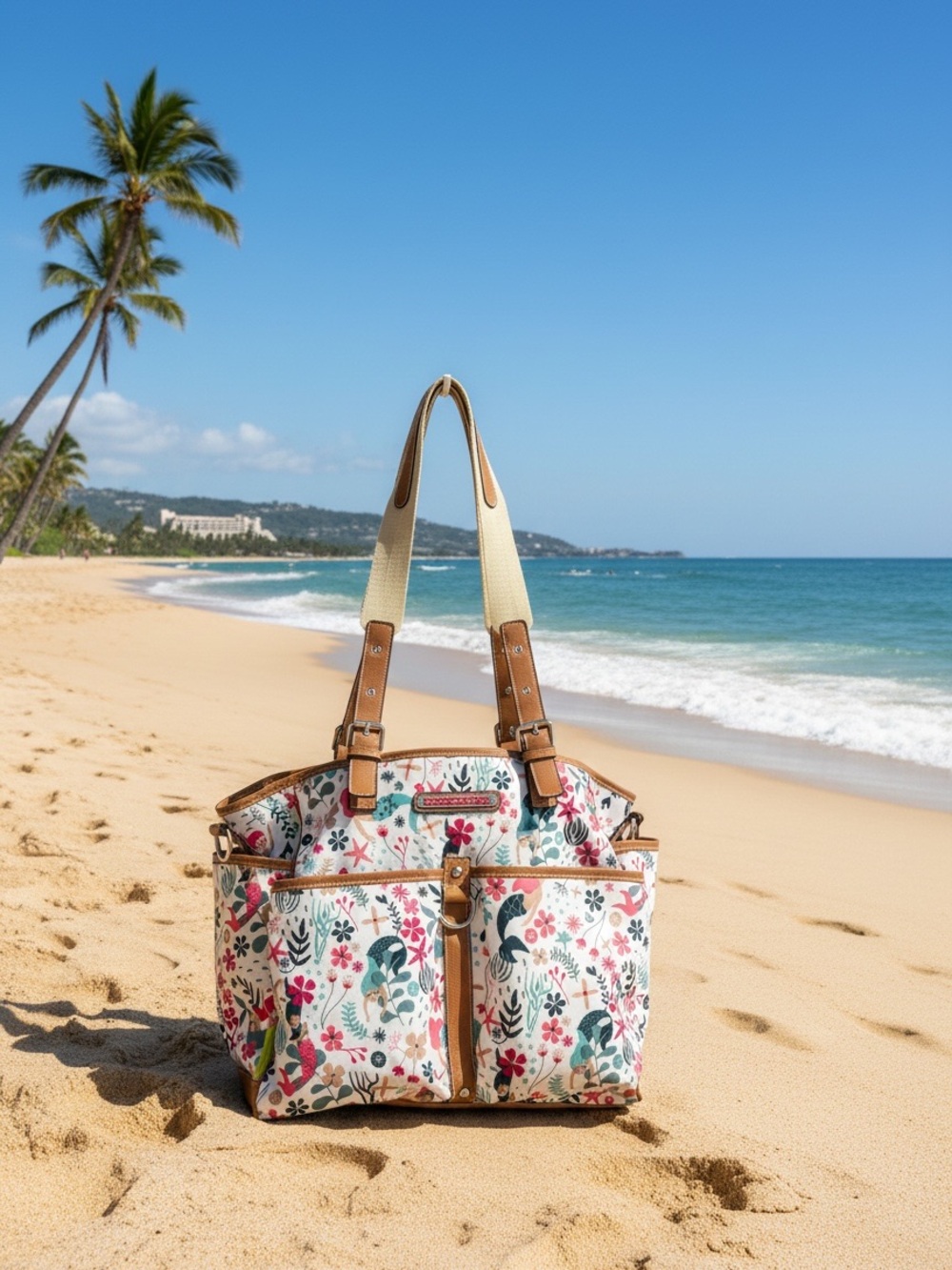 Lilly Bloom Sea Garden Mermaid Tote Bag with Tan Trim - Women Bags